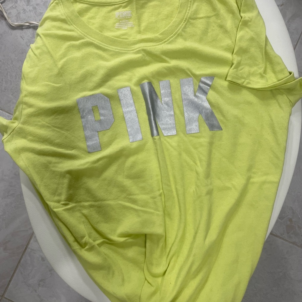 Victoria's Secret Lime Yellow Tee with Silver Logo